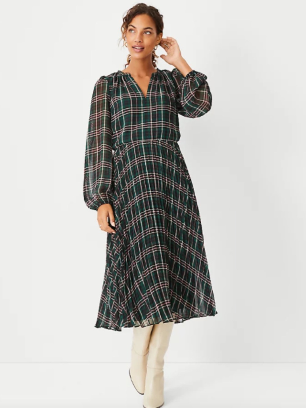 Ann Taylor | Green Plaid Pleated Midi Dress Sheer Balloon Sleeve Size 6